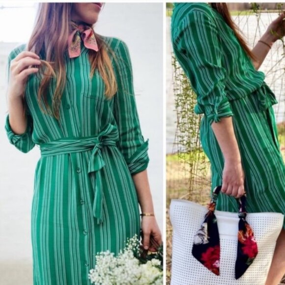 Anthropologie Belted Shirt Dress 0 Green Striped Long Sleeve Midi Lightweight - Picture 3 of 8